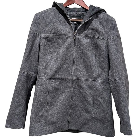 Express Jackets & Blazers - Express Coat Size 11/12 Womens Hooded Wool Jacket Dark Gray Full Zip Warm